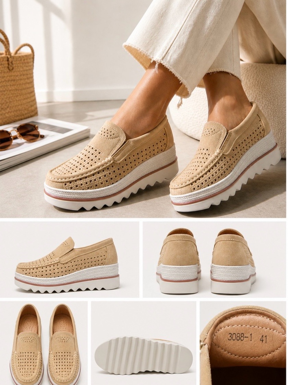 Trendy boutique Beige Perforated Platform Slip-On Loafers sz 9